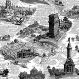 Monochromatic city landscape wallpaper with handwritten text background.