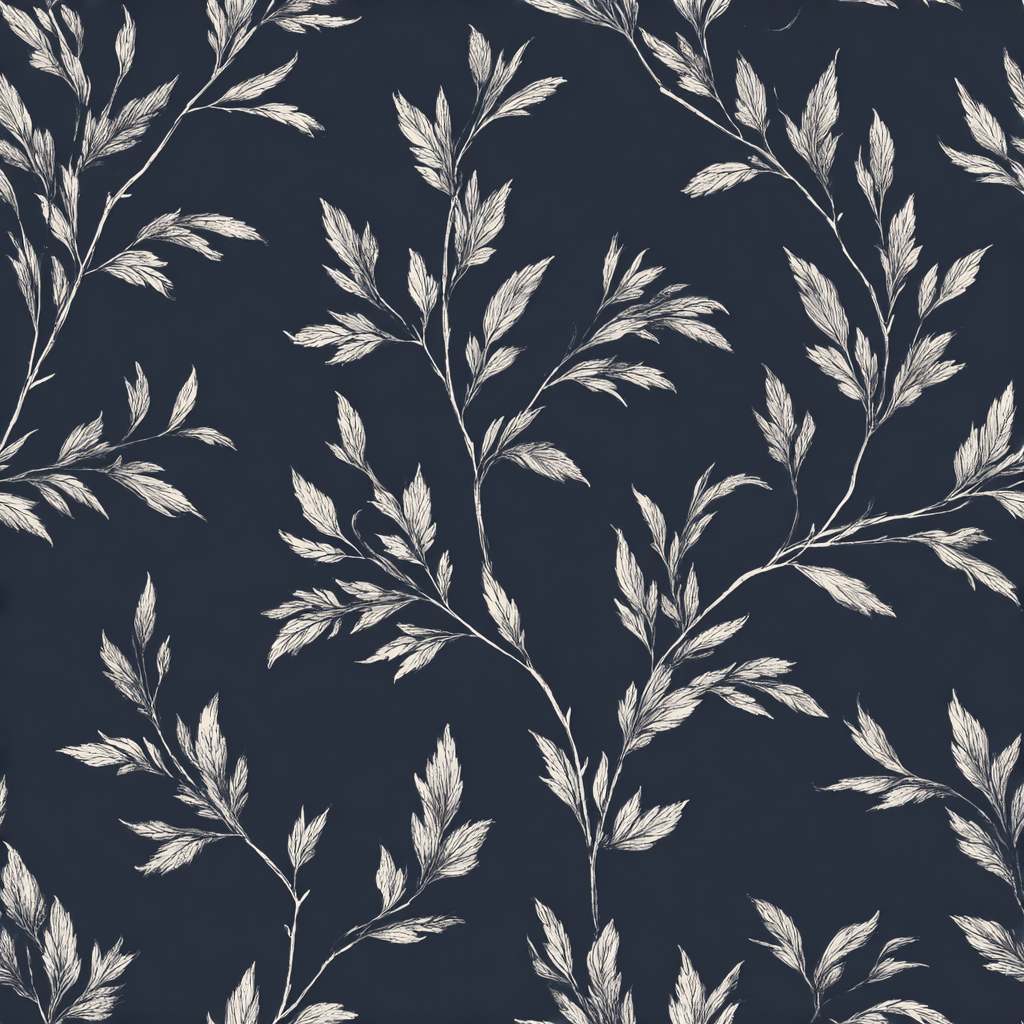 Botanical wallpaper with a vine pattern on a dark navy background.