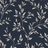 Botanical wallpaper with a vine pattern on a dark navy background.