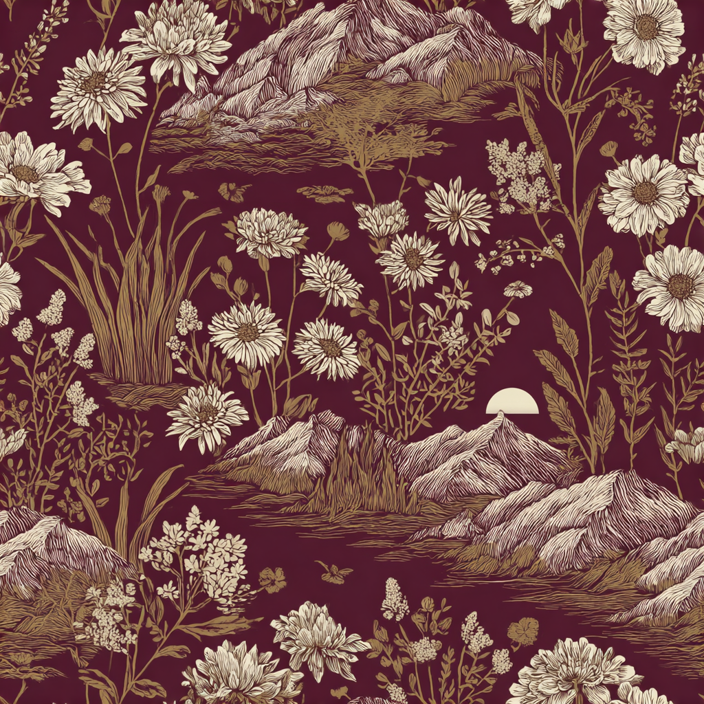Serrano Vista Tapestry Wallpaper with landscape and floral pattern on burgundy background.