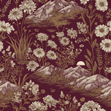 Serrano Vista Tapestry Wallpaper with landscape and floral pattern on burgundy background.