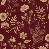 Crimson herbarium wallpaper with beige floral pattern and linen texture.
