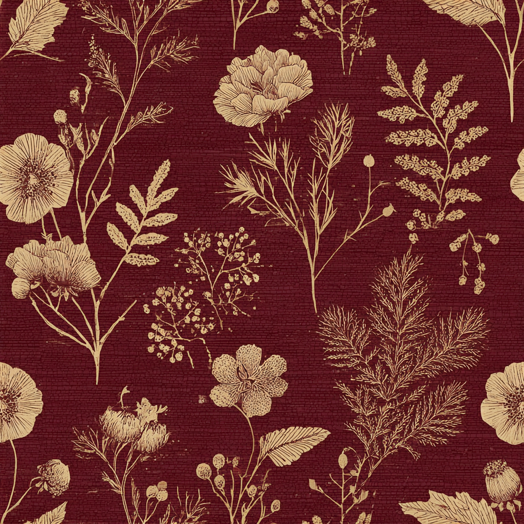 Crimson herbarium wallpaper with beige floral pattern and linen texture.
