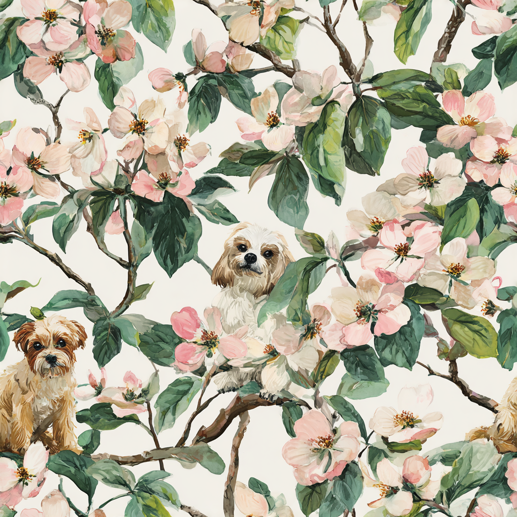 Floral wallpaper by Katie Daisy with dogs hidden among pink and white blossoms and green leaves.