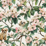 Floral wallpaper by Katie Daisy with dogs hidden among pink and white blossoms and green leaves.