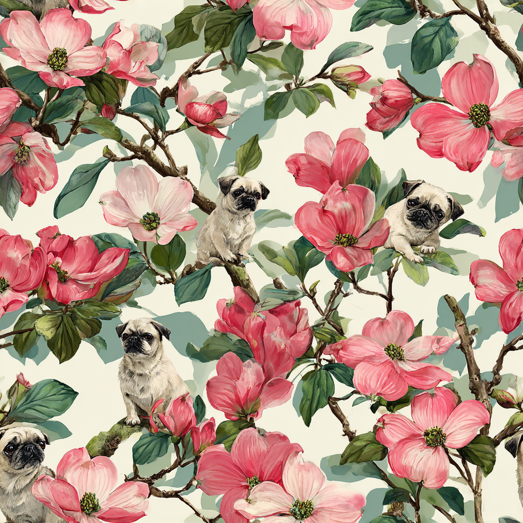 Pug Parade in Petal Grove Wallpaper with pugs among dogwood flowers and branches.