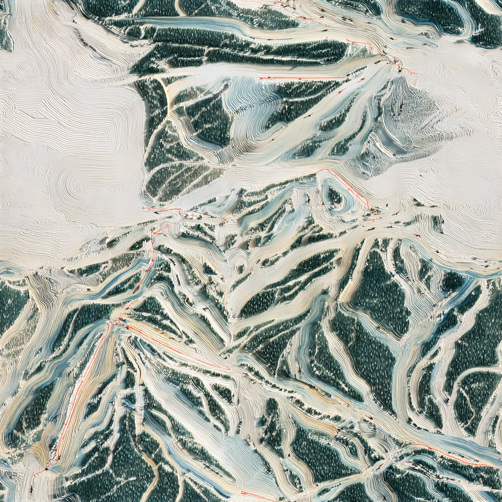 Scenic ski resort wallpaper with orange lines, showcasing snow-covered slopes and dark green trees.