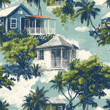 Tropical wallpaper with house and palm tree pattern.