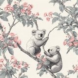 Patterned wallpaper with koalas in eucalyptus trees with pink flowers.