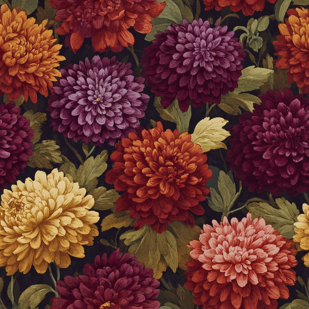 Floral wallpaper in shades of yellow, orange, and plum with green leaves, over a dark background.