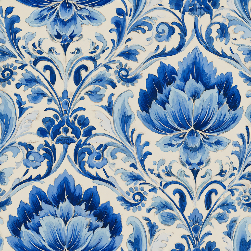 Blue Delft Garden wallpaper with watercolor flower and leaf design on an off-white backdrop.