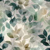 Botanical wallpaper with eucalyptus haze pattern, in shades of green and brown.

