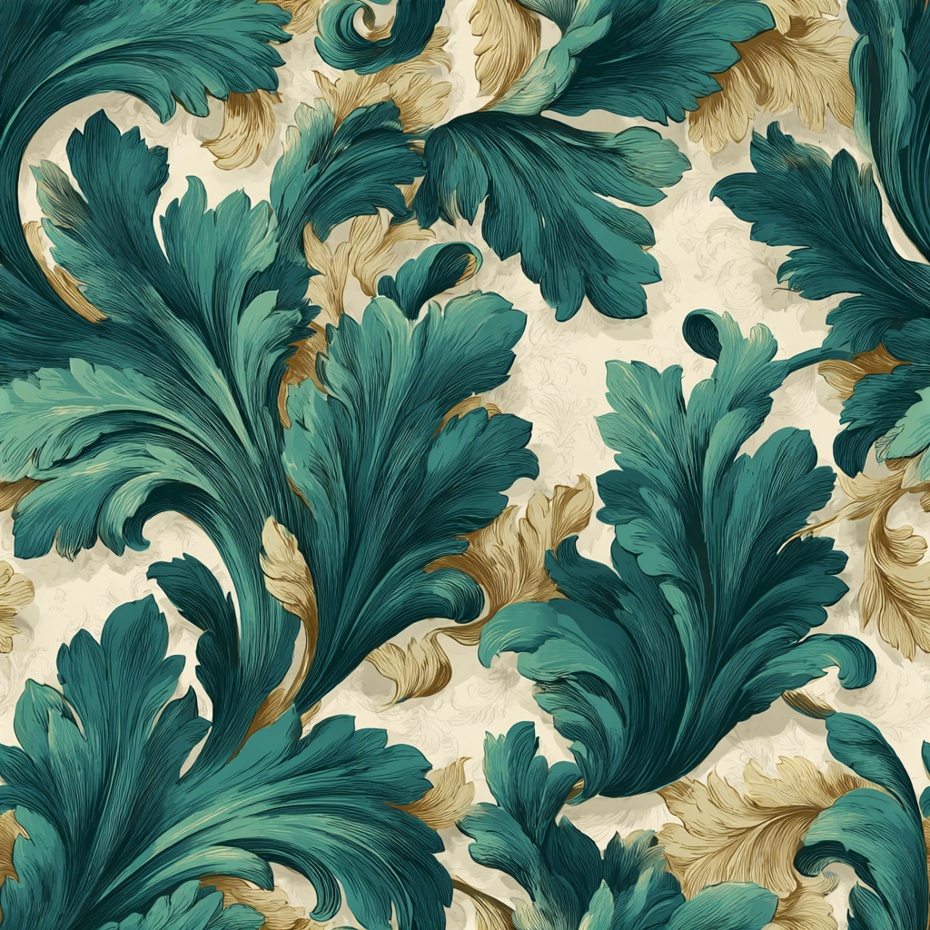Floral wallpaper with blue-green acanthus leaves and beige flourishes on an off-white textured background.