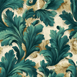 Floral wallpaper with blue-green acanthus leaves and beige flourishes on an off-white textured background.