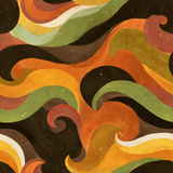 Groovy patterned wallpaper with colorful retro waves, textured with visible paint strokes.