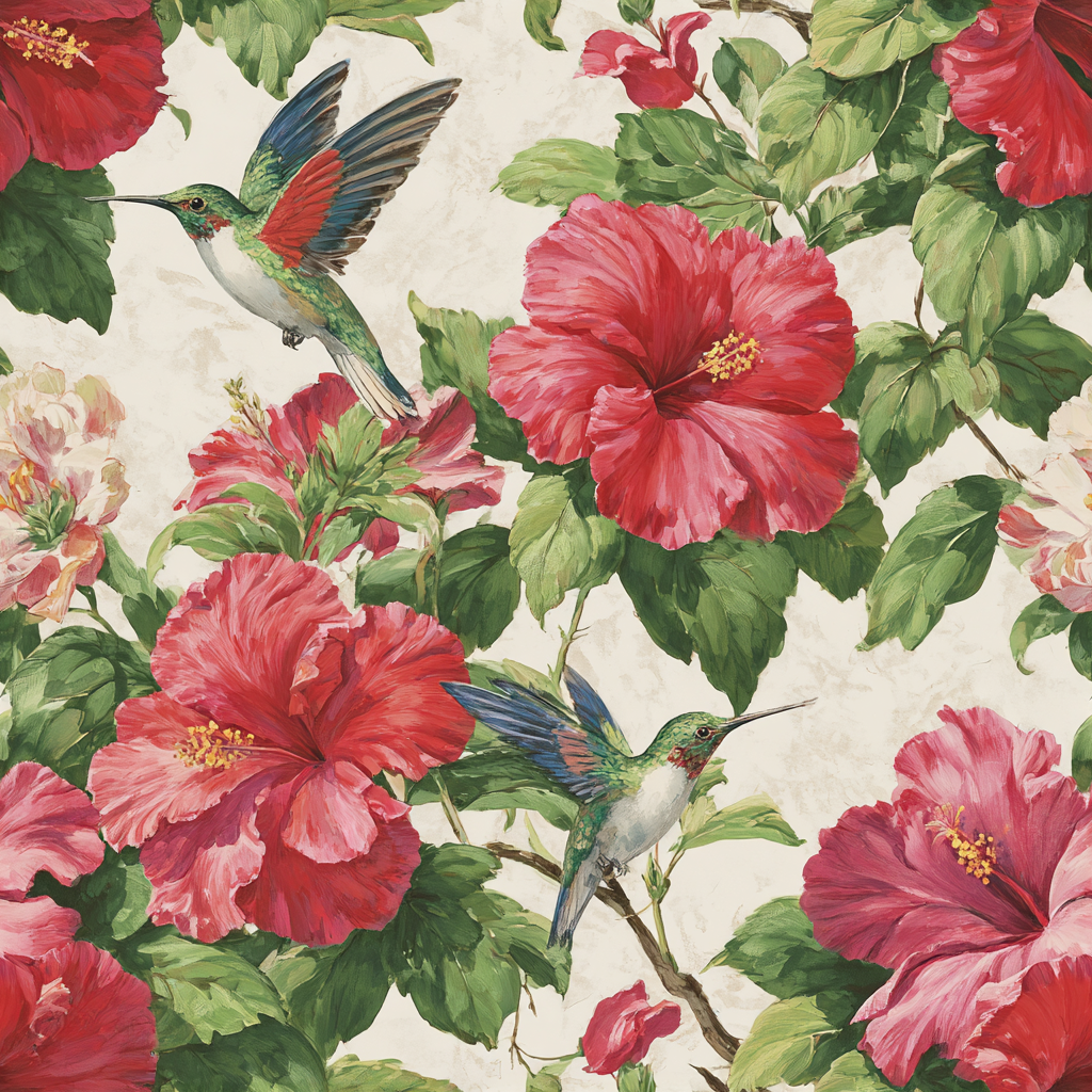 Floral crimson hibiscus wallpaper with hummingbird illustration on a light background.