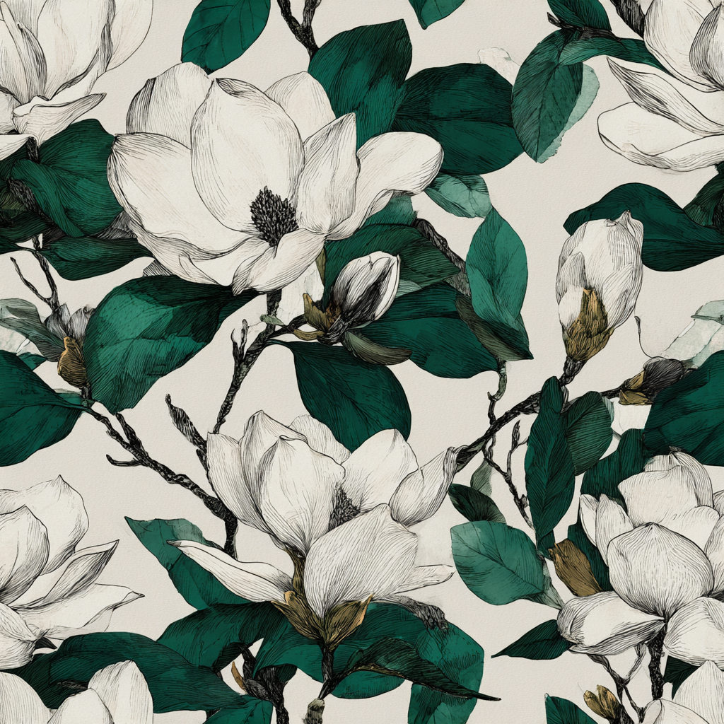 Floral wallpaper with magnolia pattern, from Savannah Row, featuring green leaves and a white background.