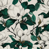 Floral wallpaper with magnolia pattern, from Savannah Row, featuring green leaves and a white background.