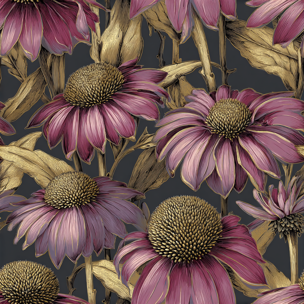 Coneflower wallpaper with pink petals and golden leaves, in a floral pattern.