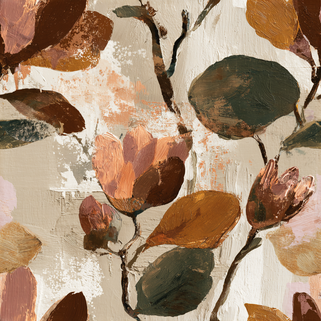 Floral pattern wallpaper with brown, green and pink blooms over beige textured background.
