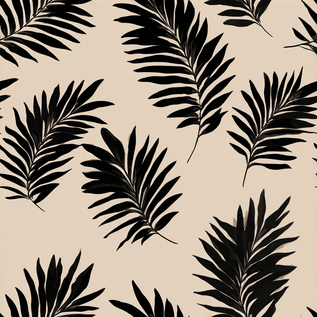 Tropical wallpaper with black palm leaves on a beige background.
