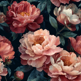 Floral Caldermere Wallpaper with peony flowers and green leaves against a dark background.