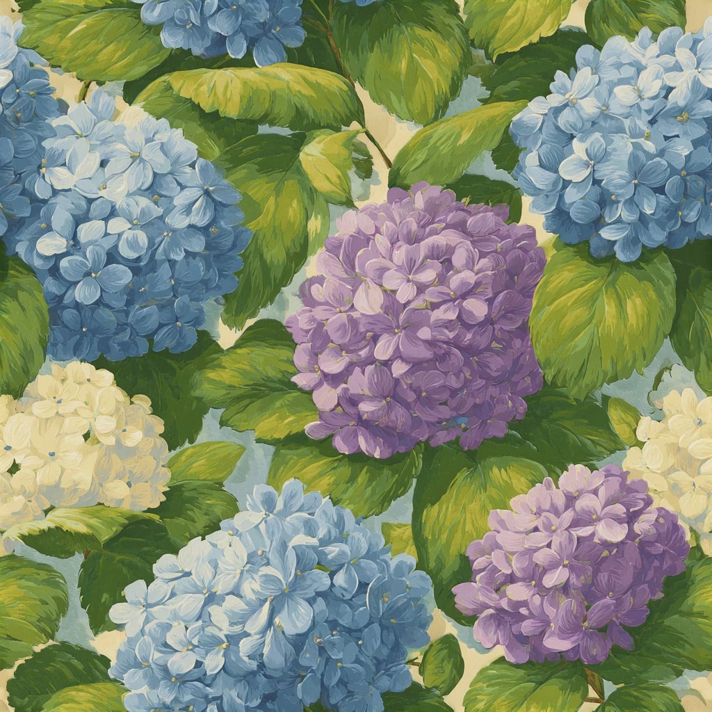 Hydrangea Jubilee wallpaper with blue, purple, and white blossoms amid green leaves.