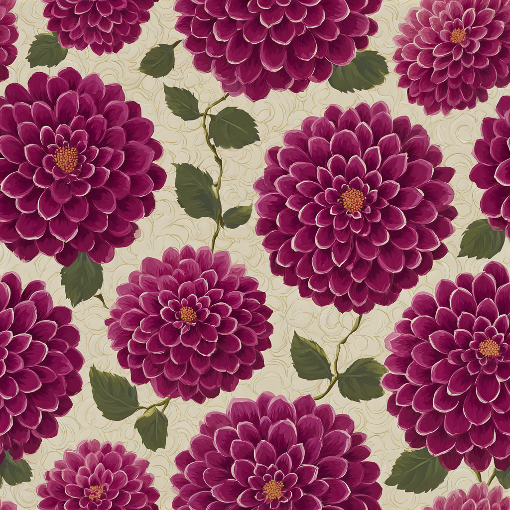 Floral dahlia wallpaper, in shades of pink, with a light beige background and swirling texture.
