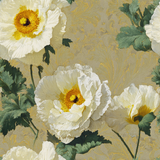 Floral wallpaper with a white poppy design, featuring yellow centers and green foliage.