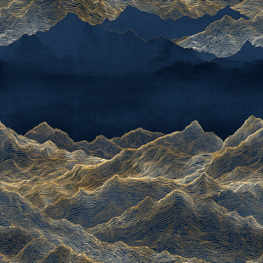 Dark blue wallpaper with gold linear mountain range pattern.
