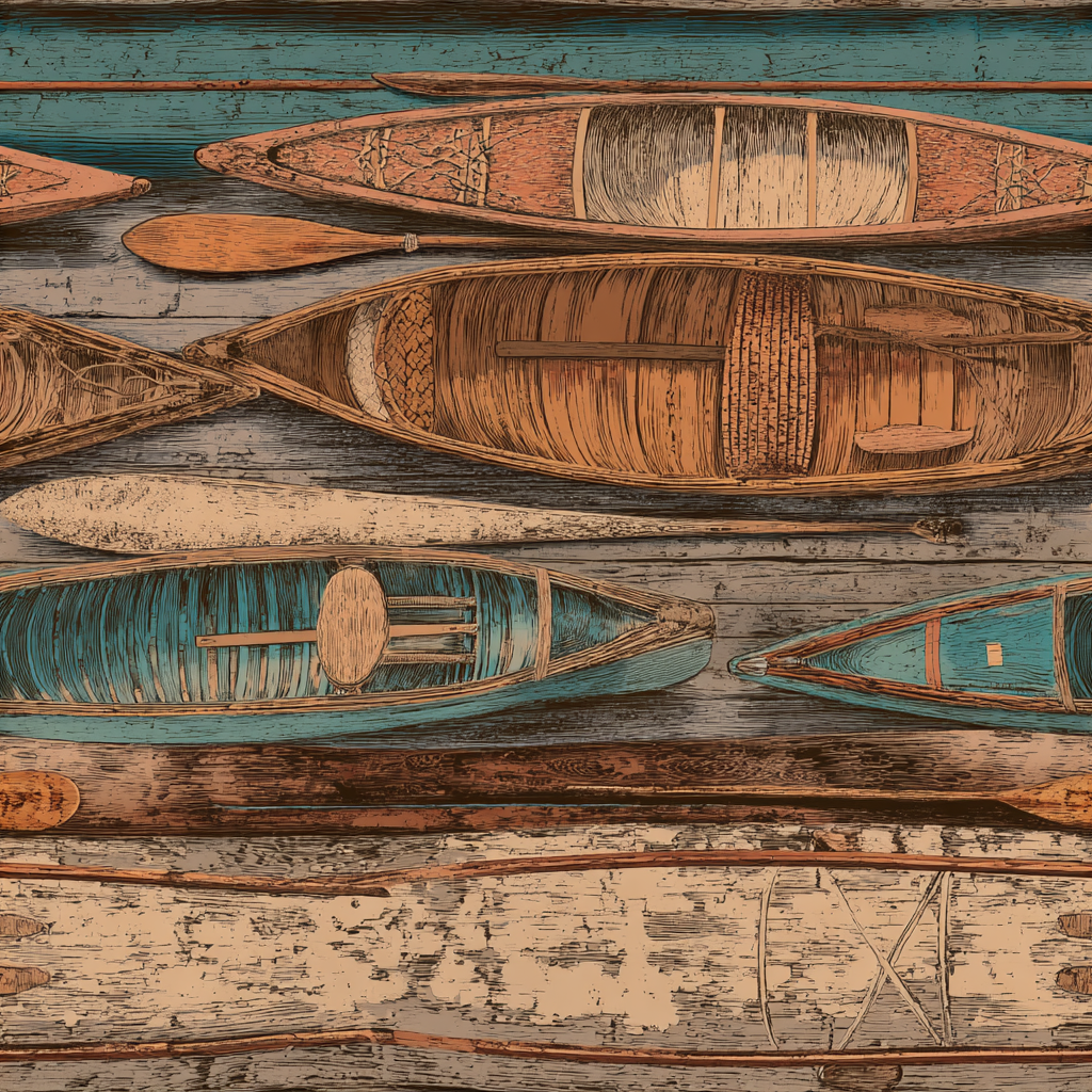 Canoes wallpaper with birchwater details, featuring a wood-paneled design and colorful boats pattern.

