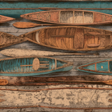 Canoes wallpaper with birchwater details, featuring a wood-paneled design and colorful boats pattern.
