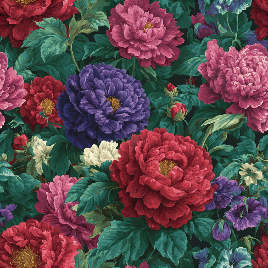 Imperial Garden Wallpaper with floral pattern, featuring a blend of red, pink, and purple flowers with green leaves.