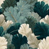 Botanical wallpaper with teal, dark green, and beige leaves in a dense layered pattern.