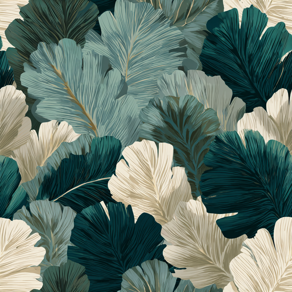 Botanical wallpaper with teal, dark green, and beige leaves in a dense layered pattern.