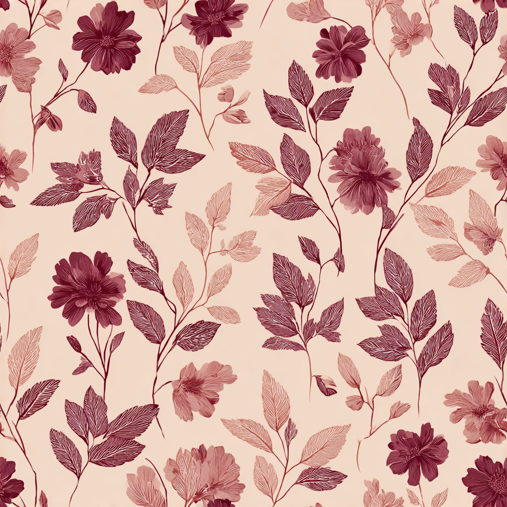 Rosemont Ledger Wallpaper with rose-colored floral pattern and illustrative foliage.