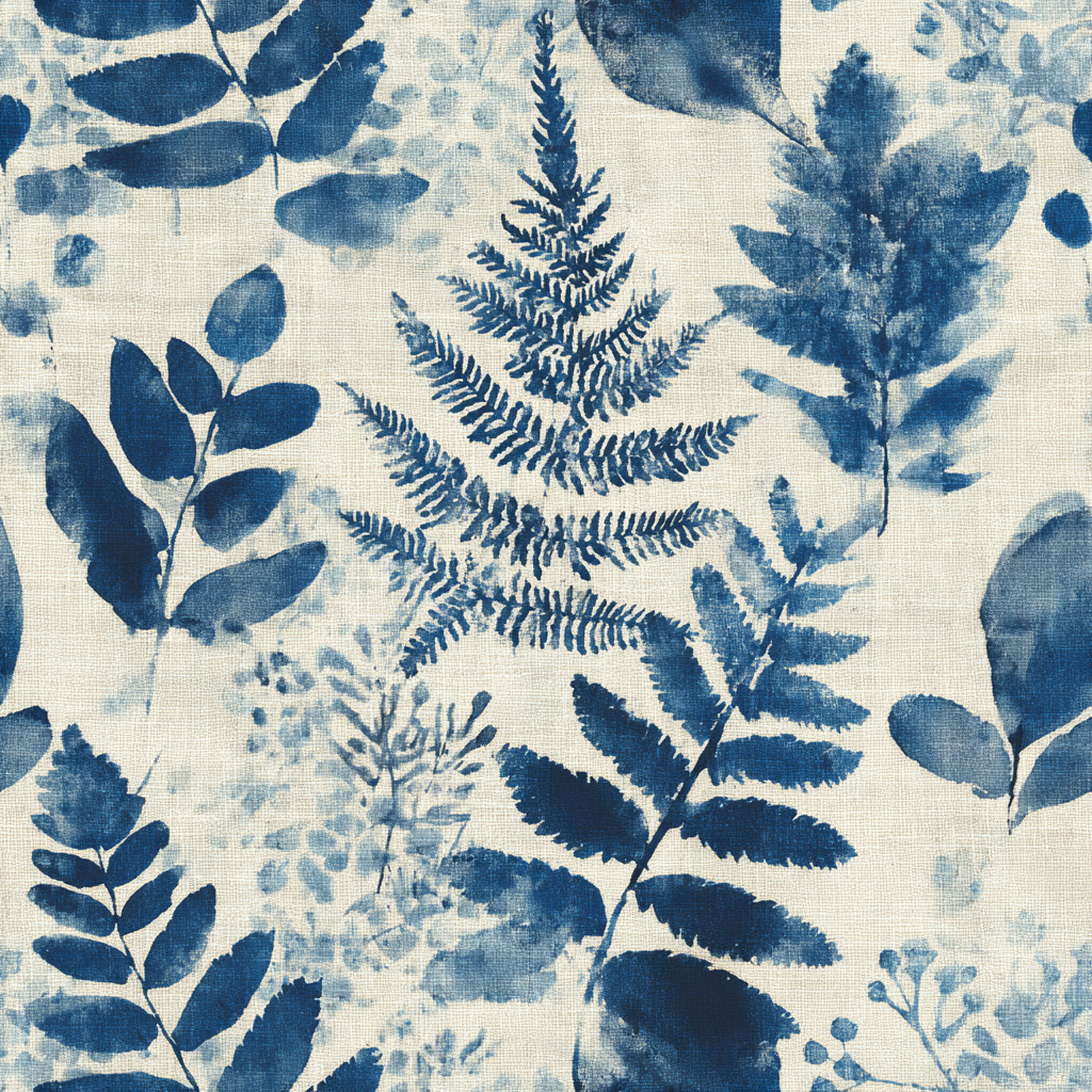 Botanical blueprint wallpaper with leaf pattern on linen-textured background.
