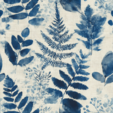 Botanical blueprint wallpaper with leaf pattern on linen-textured background.
