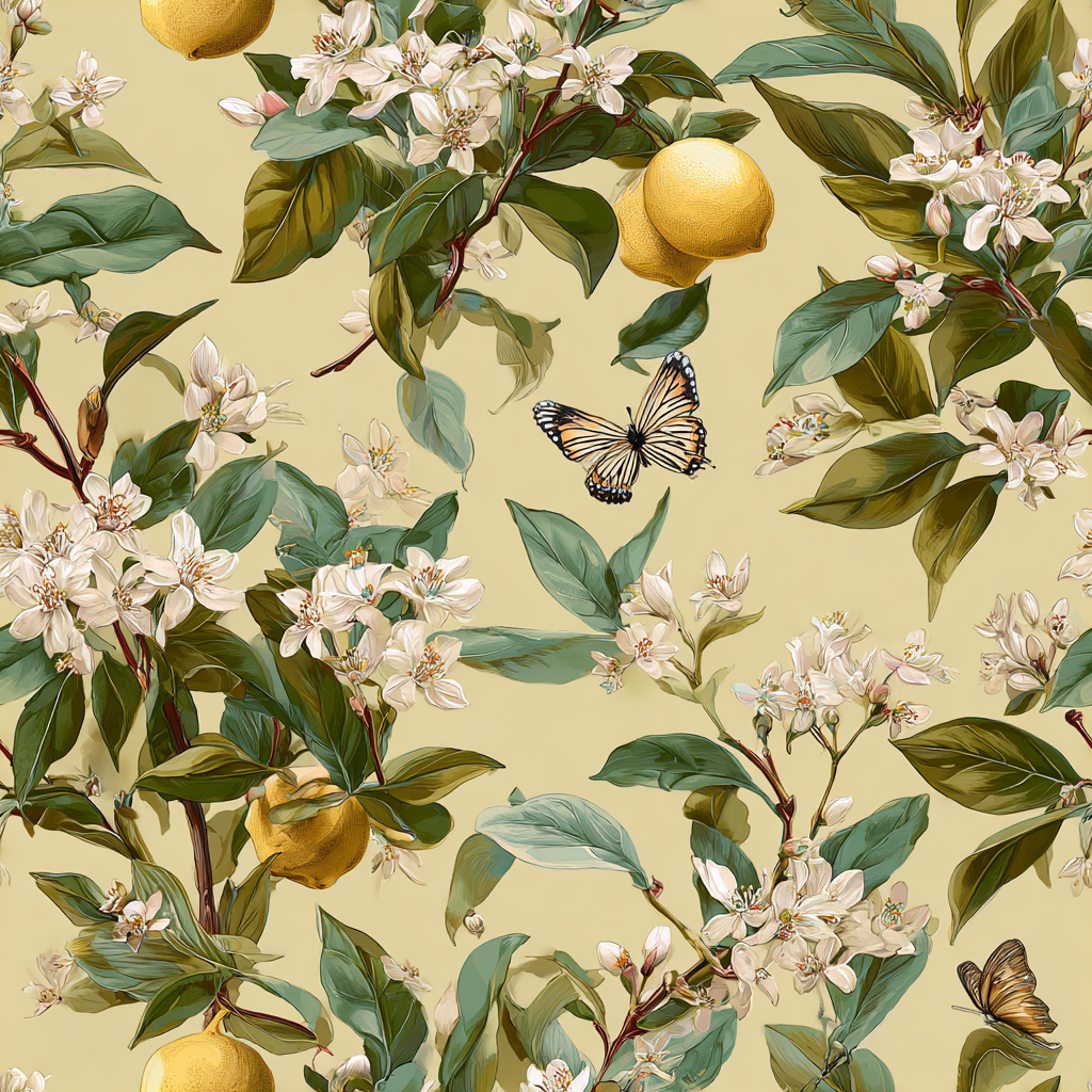 Floral wallpaper with lemons and butterflies, Amalfi Bloom pattern.
