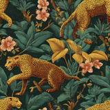 Jungle-themed wallpaper featuring leopards by Anthology, with peach flowers and green and gold foliage.
