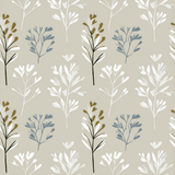 Patterned wallpaper with botanical sprig print in white, gray, and tan hues.