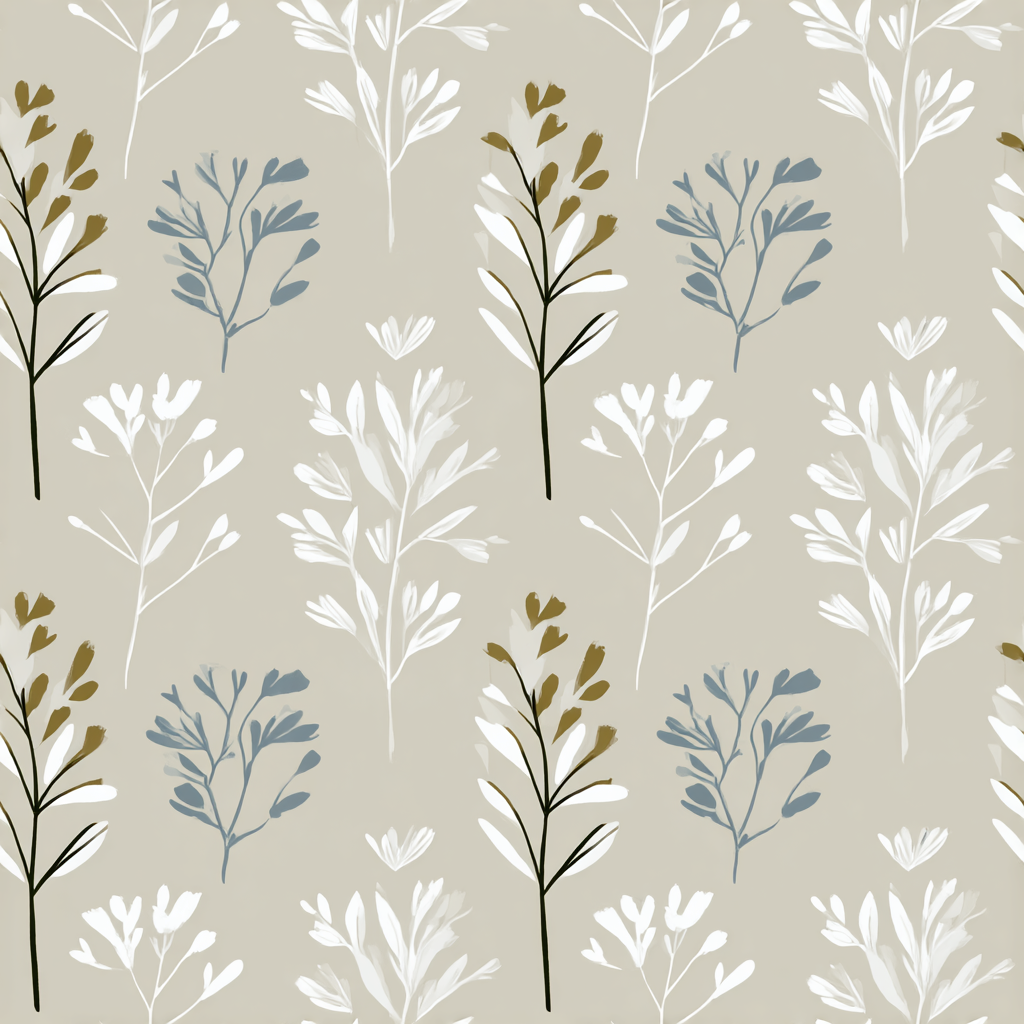 Patterned wallpaper with botanical sprig print in white, gray, and tan hues.