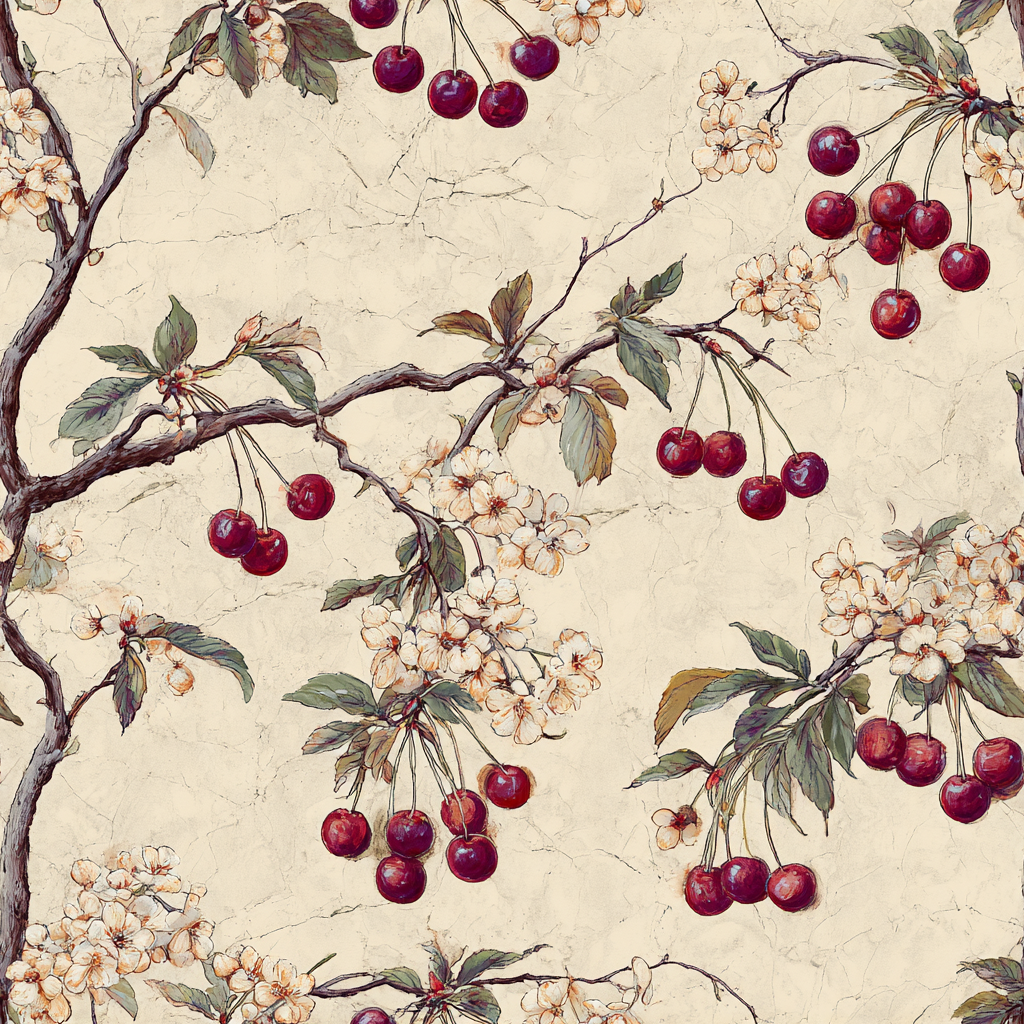 Floral Montmorency Bloom Wallpaper with cherry pattern on beige textured background.