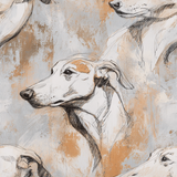Hound wallpaper with dog sketches, on textured grey and tan background.