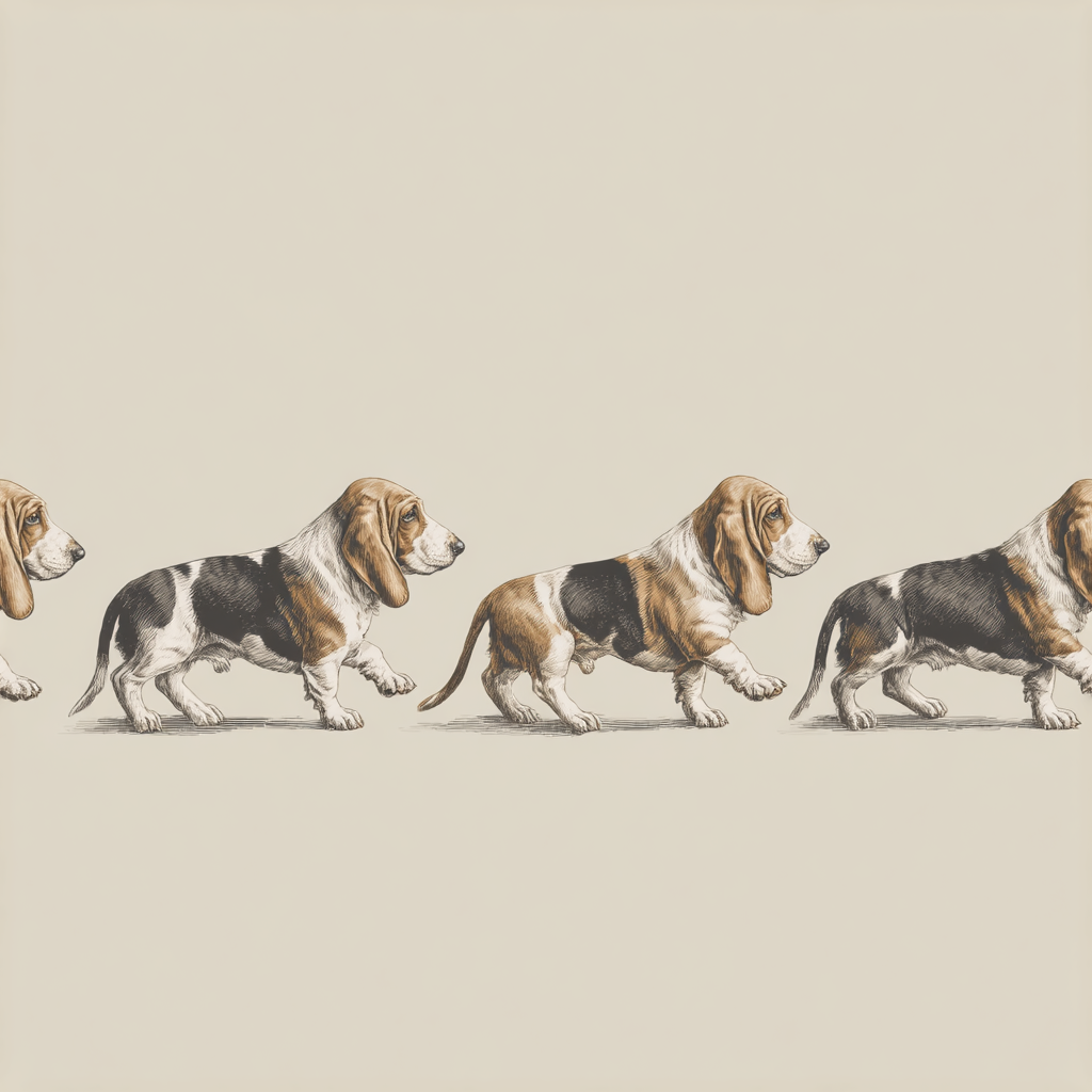 Repeating basset hound pattern wallpaper with vintage illustration details.