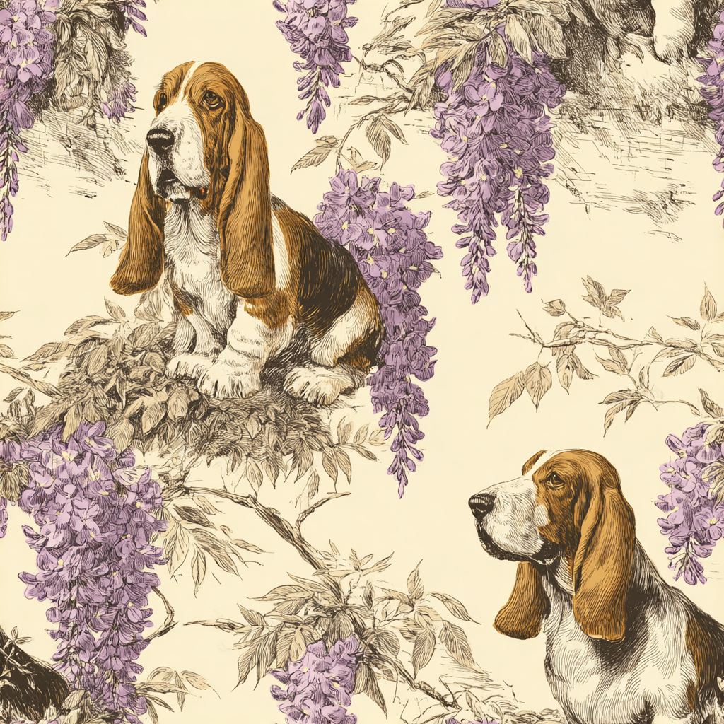Patterned wallpaper with purple wisteria and basset hound dogs, with a beige background.