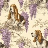 Patterned wallpaper with purple wisteria and basset hound dogs, with a beige background.