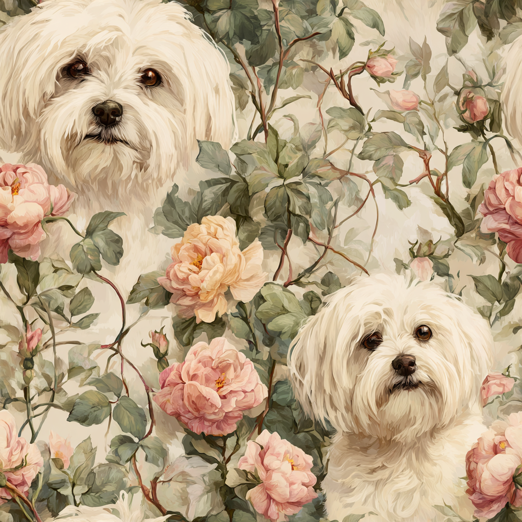 Floral dog wallpaper with roses by Rose Cottage, featuring a repeating pattern.
