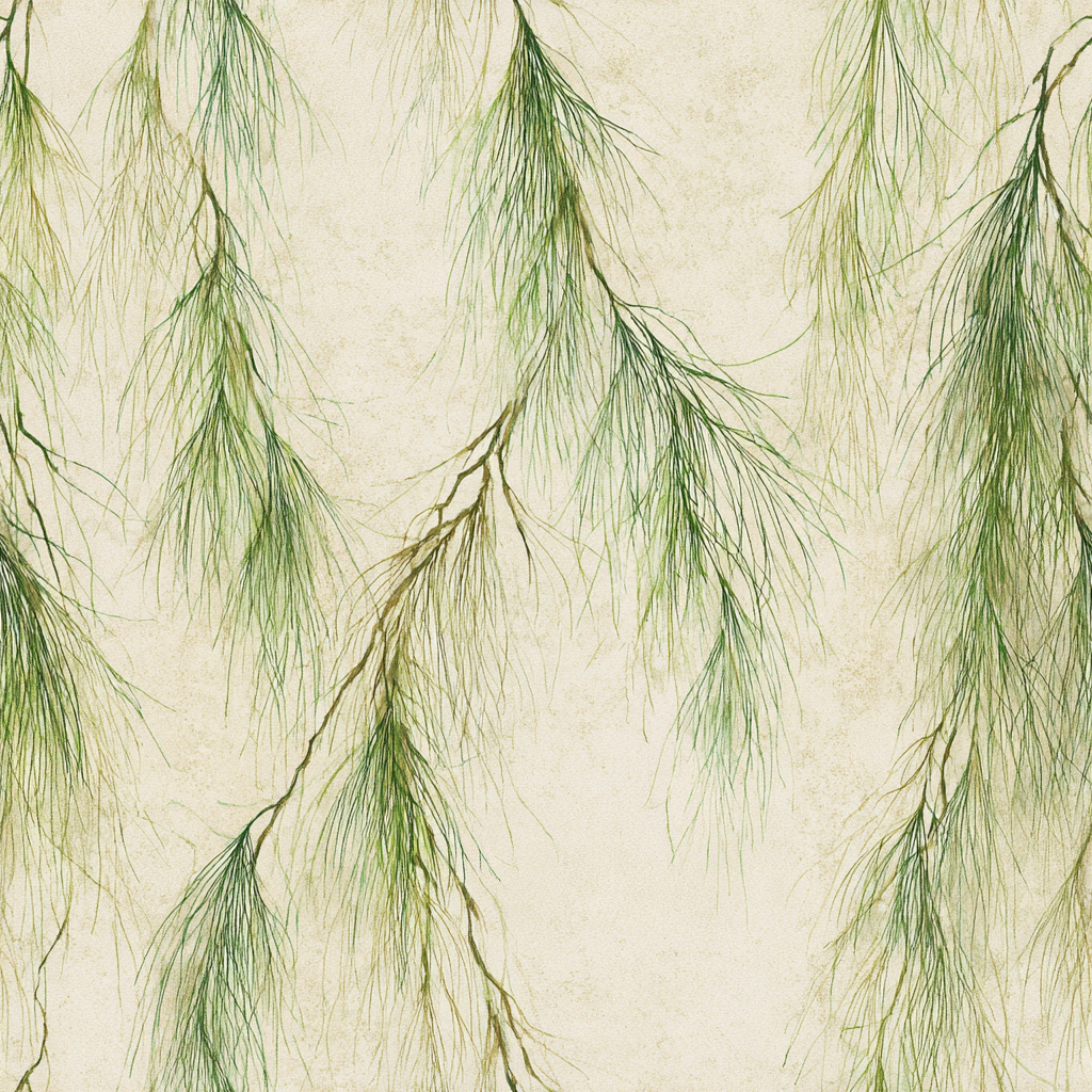 Botanical-themed wallpaper with green pine needle pattern on textured beige background.