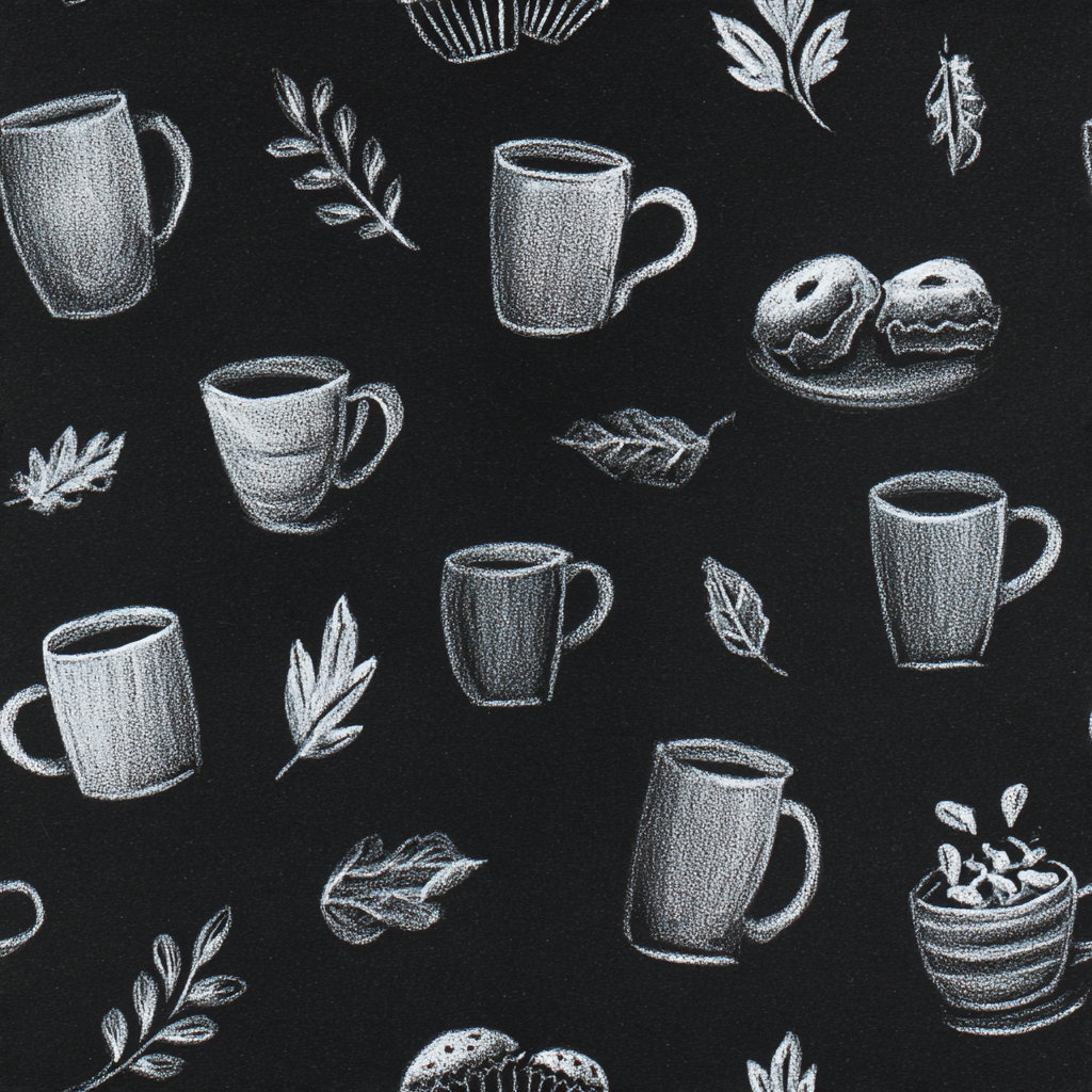 Café Noir wallpaper featuring mugs, leaves, and cupcakes in a chalk-style pattern on a black background.
